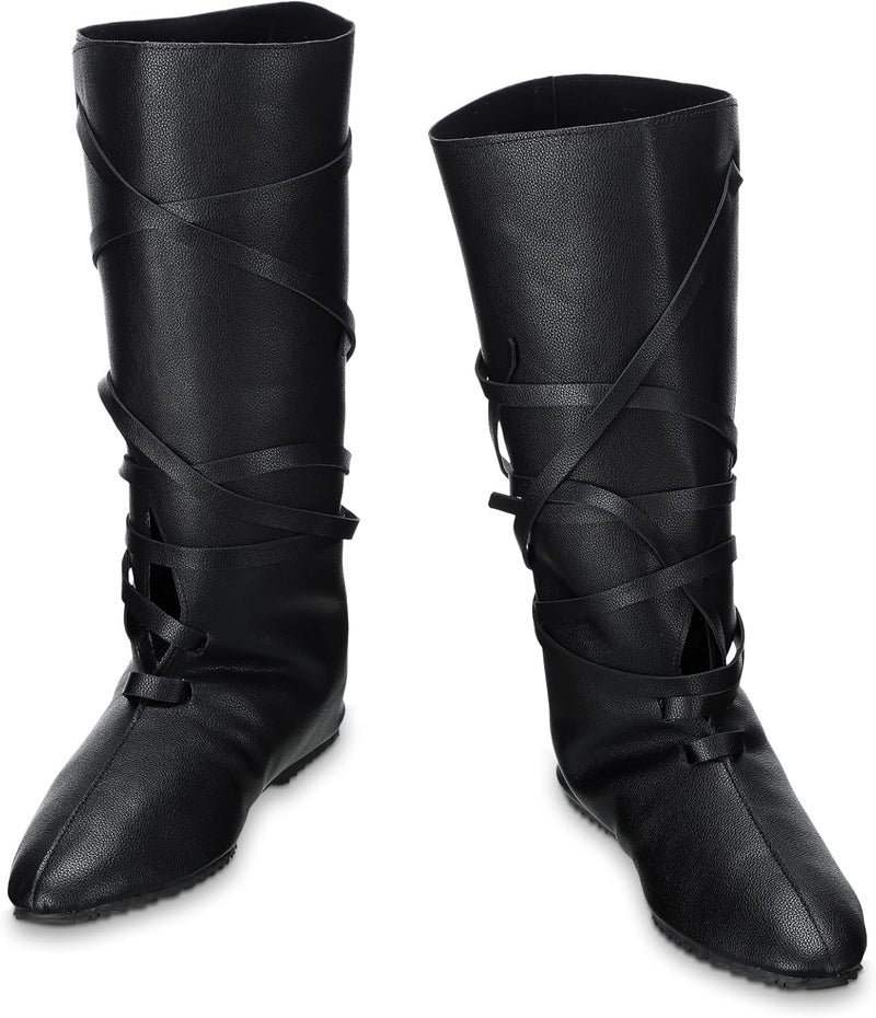 Blosssound Men's Medieval Halloween Boots Renaissance Cosplay Halloween Boots Black Faux Leather Lace Up Shoes - Image 1
